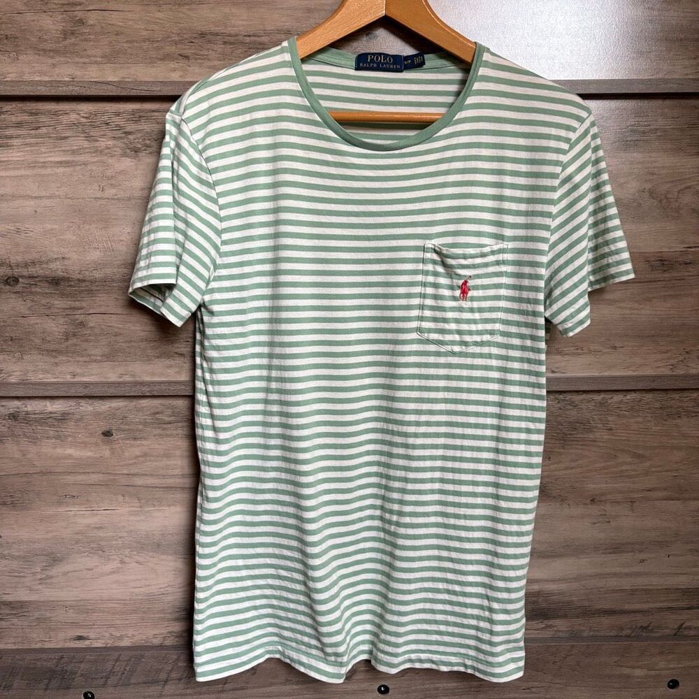 Polo Ralph Lauren S Green Cream Stripe Pocket Tee T-shirt Preppy Classic Luxury